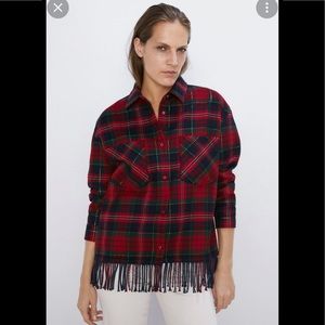 Zara Red & Navy Plaid Fringe Jacket